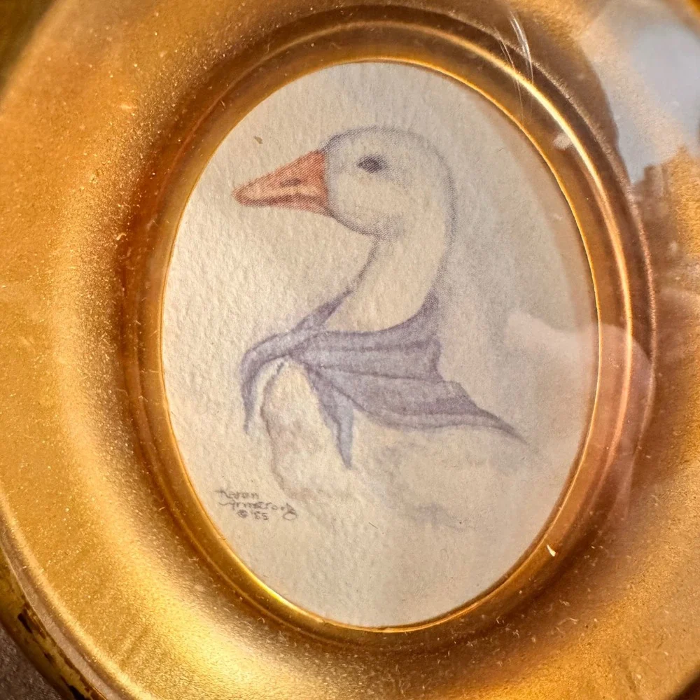 Vintage Oval Gold Tone Trinket Frame Miniature Painting Goose Scarf Signed 1985‎